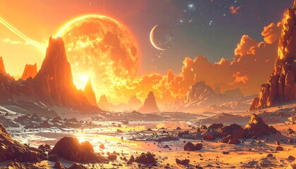 A vibrant, alien landscape bathed in golden light from a colossal, fiery orb. Jagged peaks and a crescent moon
