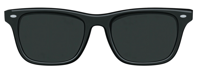 A frontal illustration showcasing black sunglasses, featuring rectangular lenses and dark frames, minimal design