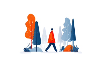 A person in a red jacket walks along a snowy path in a stylized forest