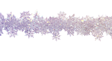 iridescent, highly detailed crystalline snowflakes, macro view, falling against soft lavender bokeh, framed detail with transparent negative space gradient. concept for elegant winter banner design