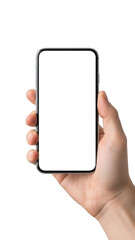 Hand holding smartphone isolated on transparent background