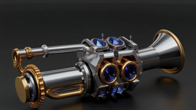 Titanium battle horn, silver mecha pipes, dark gold rings, crystal resonance sound waves&rdquo;