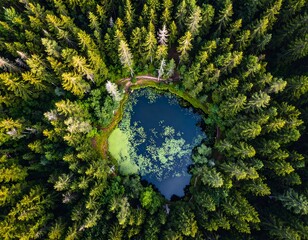 Fototapeta premium Aerial view of a serene forest lake surrounded by lush green trees