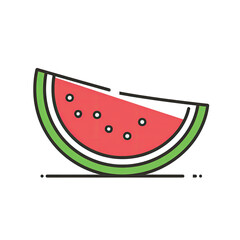 A sliced wedge of red fruit with green rind and black seeds, outlined with black and a shadow