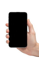 Hand holding smartphone isolated on transparent background