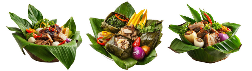 Mumu Pit-baked pork, taro, banana, and vegetables in banana leaves on wooden plate isolated on white background