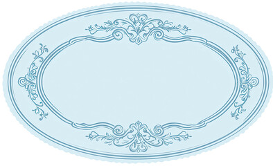 Oval-shaped light blue frame with intricate flourishes and detailing, providing a blank center