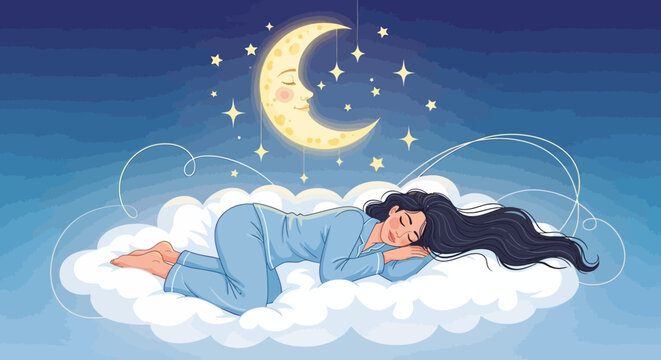 Woman Sleeps Peacefully on a Cloud under the Moonlight with Stars