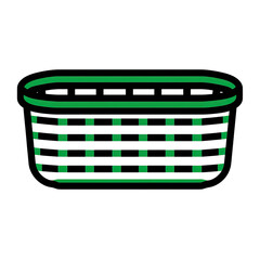 A side-view illustration of a woven basket, outlined in green and white on a black background