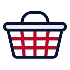 A shopping basket illustration with a blue outline, a white handle, and a red and white grid