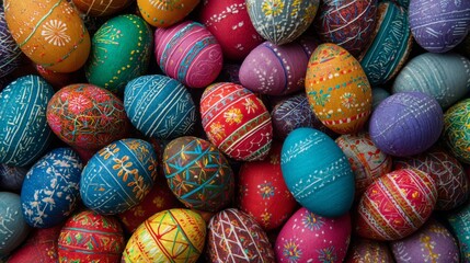 Colorful decorated easter eggs piled together in full frame, festive spring holiday background with vibrant pastel patterns and seasonal celebration theme