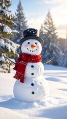 Obraz premium A snowman in a snowy forest with a hat and scarf