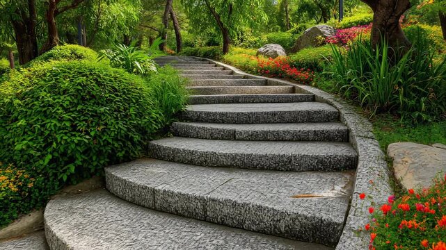 A beautiful garden path with stone steps surrounded by vibrant flowers.
