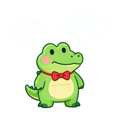 Obraz premium Cute green cartoon crocodile with red bowtie and speech bubbles