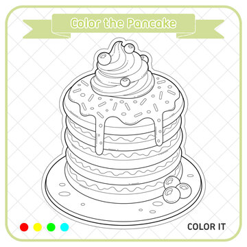 Color the Cake Coloring Page for Kids, Cute Dessert Vector Illustration for Printable Children Activity Worksheet