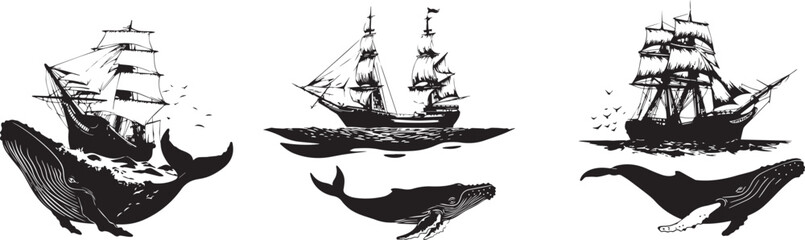 Journey through the Sea: A monochrome depiction of majestic whales accompanying ships across the vast sea, illustrating a tale of exploration and the bond between marine life and seafaring vessels.
