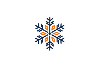 A stylized snowflake featuring blue outlines and orange diamond shapes set against a black background