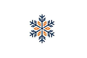 A stylized snowflake featuring blue outlines and orange diamond shapes set against a black background