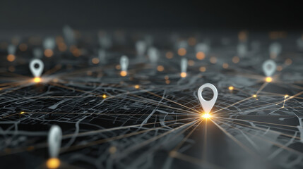 Navigating Digital Territory: A conceptual map shows interconnected locations marked by glowing pins, illustrating the essence of digital navigation, connectivity and data flow. 