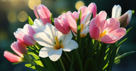 Beautiful tulips bloom, showcasing pink, white hues. Soft light creates gentle shadows, vibrant floral display. Delicate petals present spring beauty.