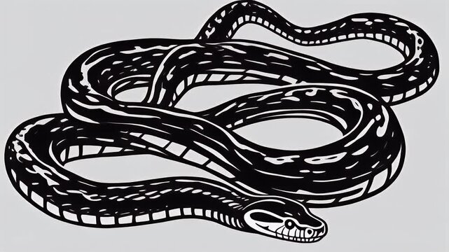 Black and white illustration of a serpent, a reptile known for its long, legless body and scaled skin