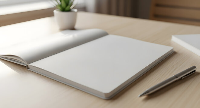Notebook mockup with blank cover placed on a modern desk setup. Suitable for stationery branding, corporate identity, and product mockup presentation