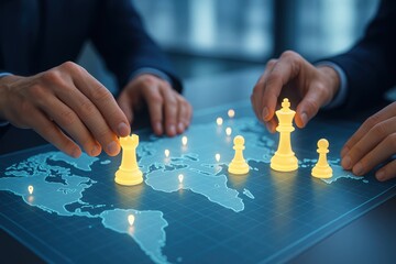 Global Strategy: Hands maneuvering chess pieces on a world map, symbolizing strategic thinking, global business, and international relations.