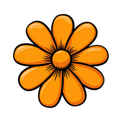 Animated, vibrant orange flower with eight petals, black outline, and a dark center against a black backdrop
