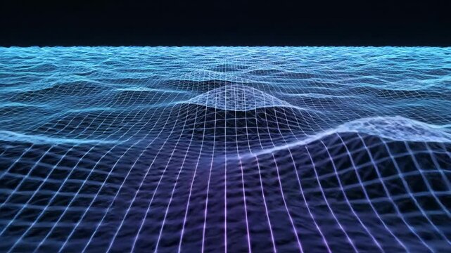 Abstract digital landscape of flowing network grid with futuristic blue lighting and shadows.
