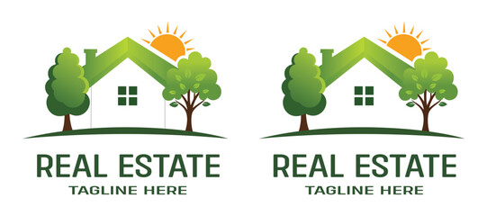 Eco Friendly Real Estate Logo with Green House Trees and Sun - Professional Sustainable Property Management and Suburban Residential Housing Vector