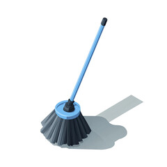 Isometric image of a blue and black broom, casting a gray shadow on a flat surface