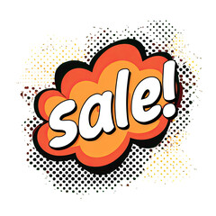 Comic book style image featuring the word "sale!" in a speech bubble. Black background