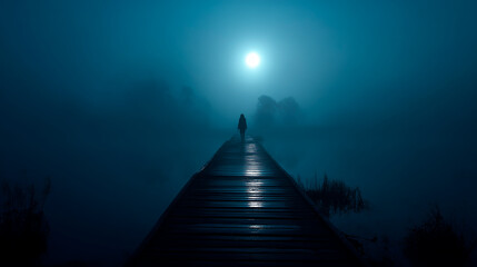 Figure walks on wooden bridge in dense fog. Mysterious ghost like character silhouette under moon. Fantasy landscape evokes ethereal mood. Perfect for dark tales, Halloween backgrounds. Pirate theme