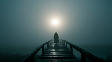 Figure walks on wooden bridge in dense fog. Mysterious ghost like character silhouette under moon. Fantasy landscape evokes ethereal mood. Perfect for dark tales, Halloween backgrounds. Pirate theme