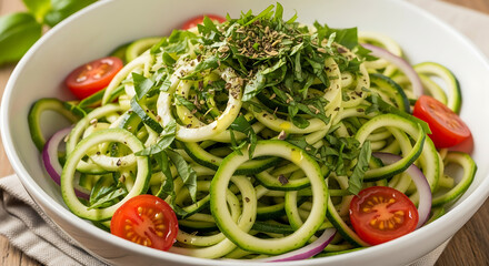 Fresh zucchini noodle salad with herbs and tomatoes