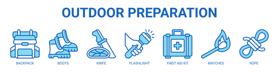 Obraz premium Outdoor Preparation web banner icon vector illustration concept with icon of backpack, boots, knife, flashlight, first aid kit, matches, rope.