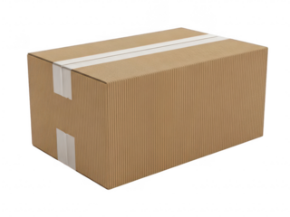 Brown cardboard box with white tape isolated on transparent background
