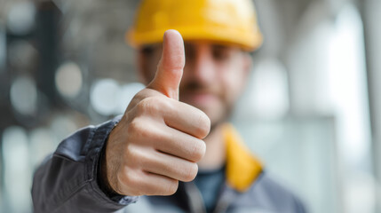 Engineer's Approval: Focused shot of an engineer, donning a safety helmet, extends a thumb to convey complete satisfaction. It signifies quality assurance and accomplishment in the engineering sector.