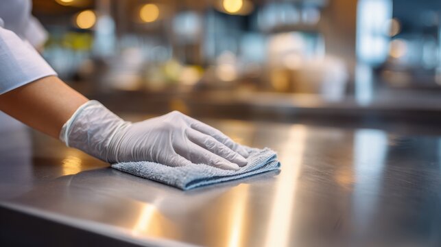 Professional kitchen worker hand in glove cleaning stainless steel surface, restaurant staff disinfecting workplace table.