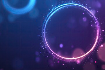 Glowing neon circle frame with bokeh and vibrant hues. Digital abstract design