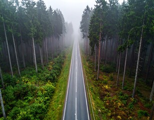 Obraz premium Aerial view of a straight road cutting through a dense forest on a foggy day