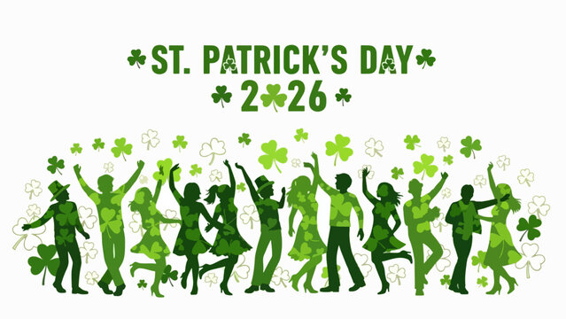 Happy St. Patrick's Day celebration with dancing people and shamrock decorations