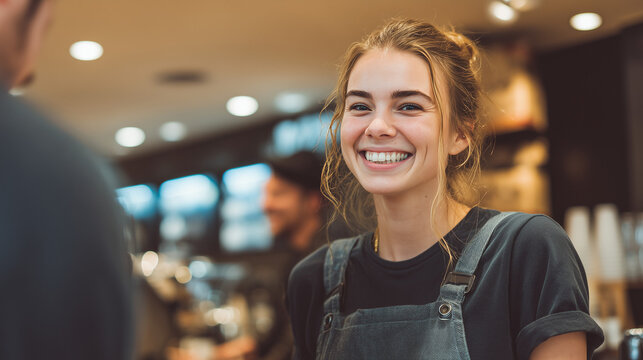 cheerful young female barista smiling while serving coffee to a customer, happy university student working part-time in a modern cafe, friendly hospitality and service concept in a coffee shop.