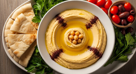 Creamy hummus with pita and fresh vegetables