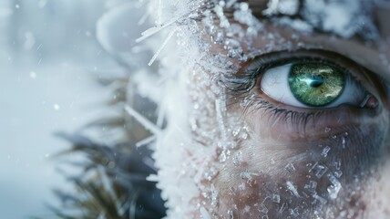 Macro Close-up of a Green Human Eye with Frost and Ice Crystals on the Skin and Eyelashes