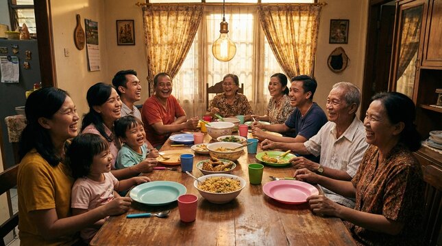 A Multi-Generational Family Gathers for a Joyful Meal Around a Dining Table, Sharing Food and Laughter