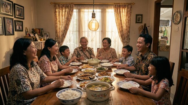 A warm and happy Indonesian family gathers for a meal at home, celebrating togetherness and tradition