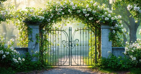 Floral archway leads toward misty path. Stone pillars support climbing roses, creating serene garden entrance. Sunlight filters through trees.