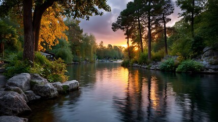 Serene river flows gently through a lush park landscape illuminated by the warm glow of a breathtaking sunset filtering through dense tall trees