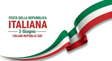 Festa della Repubblica Italiana Banner with Waving Italian Flag Ribbon, June 2nd Republic Day